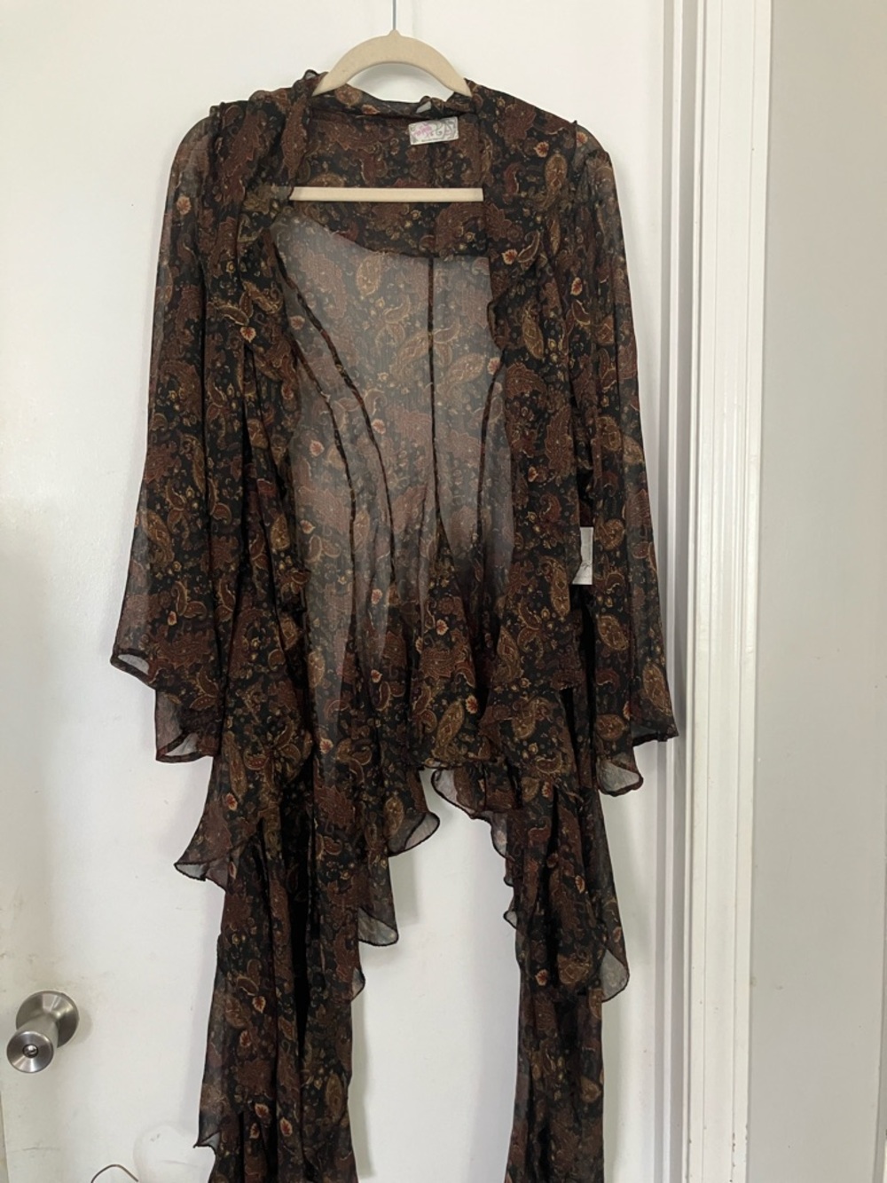 Free People Sheer Paisley Ruffle Open Duster in Brown One Size